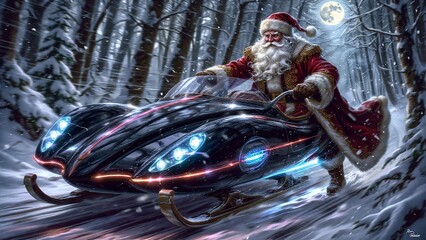 Santa Claus riding futuristic snowmobile in snowy forest under moonlight
