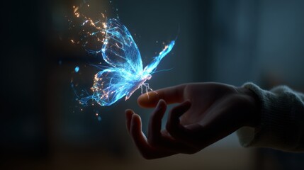 Child's hand reaching for a shimmering holographic butterfly in a dark room illuminated by a single light source