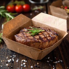 juicy grilled steak served in a paper food box . aspect ratio 1:1