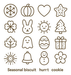 Seasonal biscuit themes line art icons. snowflake cookie, pumpkin spice biscuit, heart biscuit, star-shaped biscuit, clover biscuit, bunny cookie, sun biscuit, Christmas tree shape