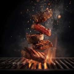 juicy grilled steaks being grilled on a searing flame grill . aspect ratio 1:1