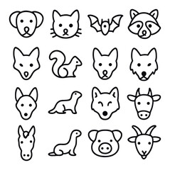 Affected animals line art icons. dog, cat, bat, raccoon, fox, skunk, coyote, monkey, jackal, mongoose, wolf, cow, horse, ferret, pig, goat.