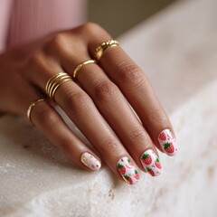 Charming close-up view of strawberry themed nails with minimalist gold rings against a soft green backdrop, creating an elegant and trendy aesthetic