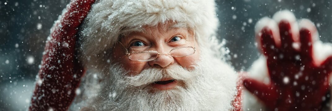 Santa Claus greets joyful children while snowflakes fall gently in a festive winter setting - Powered by Adobe