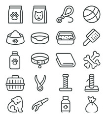 Pet donations line art icons. dog food, cat food, leash, pet toy, food bowl, pet bed, litter box, grooming brush, pet shampoo, collar, blanket, treats, crate, tick remover,