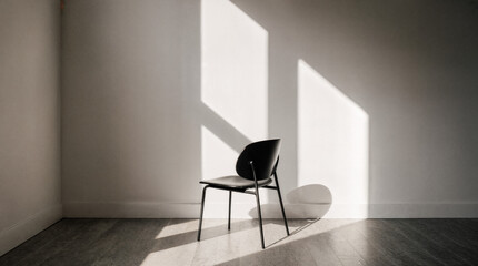 Facing the single armchair, soft ambient light is received through the pale window wall.