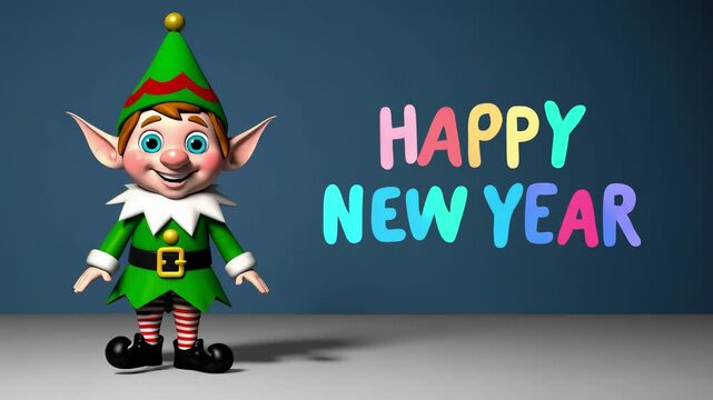 3D animation of a cheerful Christmas elf character on the left side pointing to glowing text &ldquo;Happy New Year&rdquo; on a dark blue background. Perfect for holiday greetings, festive video intros, and New Ye