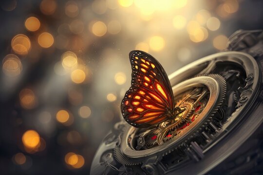 Luminous steampunk butterfly perched on intricate vintage pocket watch gears, symbolizing transformation, time evolution, mechanical artistry, elegant precision, golden illumination. - Powered by Adobe