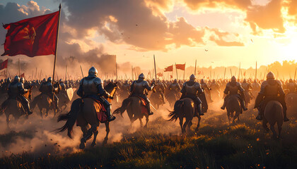A vast army of medieval knights on horseback, adorned in shining armor, charges across a dusty battlefield under a dramatic sunset sky