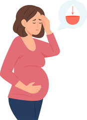 Pregnant woman suffers from dizziness and anemia. Low hemoglobin and iron deficiency. The concept of health protection.Vector illustration
