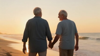 A happy senior gay couple holding hands and walking on the beach at sunset, showing a lifetime of love and companionship in retirement, representing pride and lasting relationship
