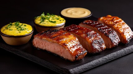 Artful Presentation of Savory Meat Dishes Accompanied by Rich Sauces