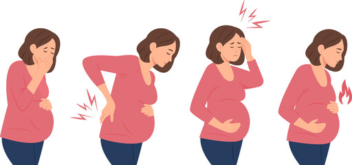 Pregnancy symptoms. Different types of discomfort during pregnancy. Pregnant female conditions. Backache, nausea,headache, heartburn.Vector illustration