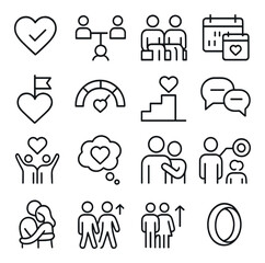 Relationship Goals line art icons. heart with check, connection chart, quality time icon, date plan, mutual goal icon, trust meter, love milestone, communication tracker, support