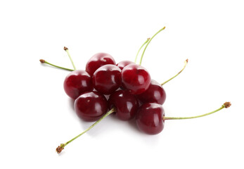 Many fresh ripe cherries isolated on white