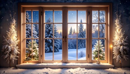 Snowy winter scene through a window, with Christmas trees