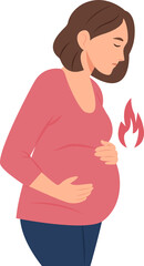 Heartburn during pregnancy. A pregnant woman holds her stomach with hands.Gastritis and acid reflux, stomach upset and stomach pain problems. Vector illustration.