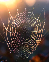 A delicate spiderweb, intricately woven and adorned with countless dew drops, glistens beautifully against a soft, golden sunlight