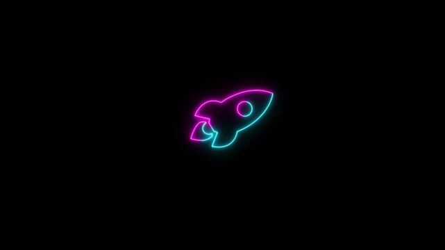 Neon rocket icon animation on black background, pink and bulu color roket icon animation , Space Exploration, Launch Technology, neon animation.