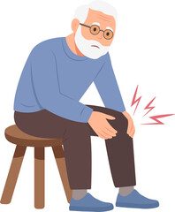 Unhealthy old man sitting on a chair and suffering from knee pain. Unwell sick elderly grandfather struggle with rheumatism. Vector illustration