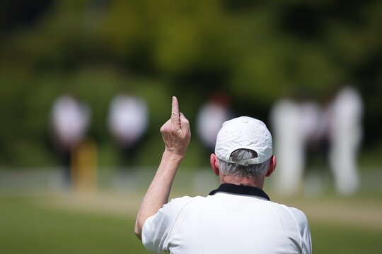 Cricket umpire?s decisive close-up finger signal declares batsman out on sunlit grassy pitch, capturing intense amateur cricket match live action.
