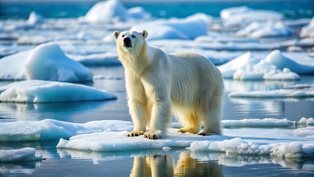 A majestic polar bear stands on an ice floe in the arctic waters - Powered by Adobe