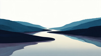 A serene abstract landscape depicting a winding river and rolling hills in shades of blue.