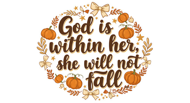Christian fall quote "God is within her, she will not fall" with pumpkins, bows, and autumn leaves on white background, Psalm 46:5 scripture art