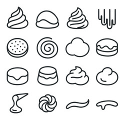 Creamy sweet toppings line art icons. whipped cream swirl, vanilla glaze, cream frosting, caramel drizzle, powdered sugar, honey swirl, creamy icing, chocolate topping,