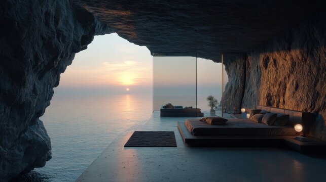 Experience serene luxury in a minimalist sci-fi bedroom built into a cliffside, offering breathtaking ocean views at golden hour