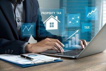 A person calculates property tax and analyzes financial data using a laptop, displaying digital charts and home icons.