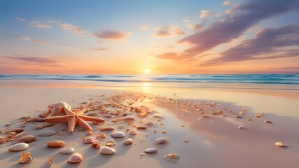 Seashells and Starfish on a Beach at Sunset A Serene Coastal Scene
