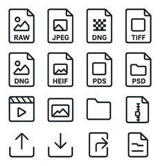 Photo file types line art icons. RAW icon, JPEG file, PNG file, TIFF file, BMP icon, HEIF icon, DNG file, PSD icon, video file, thumbnail icon, folder icon, compressed file, upload