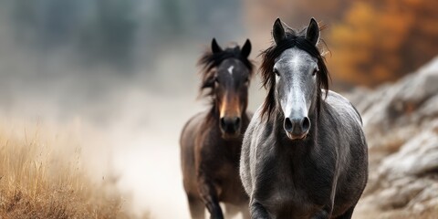 Horses run through a misty landscape during autumn in a tranquil setting