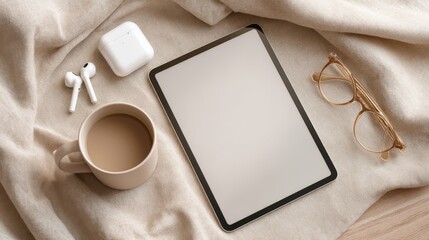 Modern workspace flat lay showcasing wireless earbuds, tablet, coffee mug, and glasses on beige linen in soft daylight for a clean lifestyle mockup