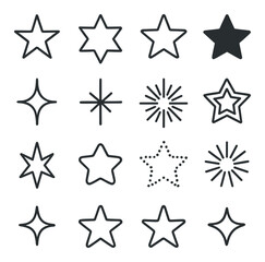 Star Shapes & Patterns line art icons. five-point star, six-point star, outline star, filled star, spark shape, twinkle shape, radiant burst, layered star, sharp star, rounded star