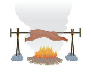 vector illustration design of a deer being roasted over a burning fire