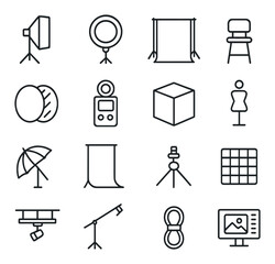 Studio photography setup line art icons. softbox, ring light, backdrop stand, stool, reflectors, light meter, posing box, model stand, light umbrella, backdrop roll, table tripod,