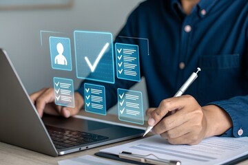 Fototapeta premium A person is working with a laptop and pen, interacting with digital checkmark icons and task lists for efficient online management.