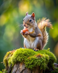 Obraz premium A squirrel sits on a mossy stump holding a nut in its tiny paws