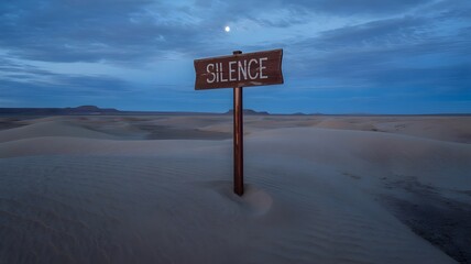 Weathered “SILENCE” sign in moonlit desert landscape – Great for conceptual art, travel blogs, or solitude and mindfulness themes.