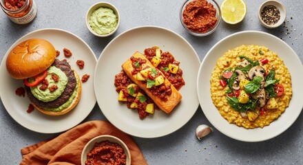 Three diverse dishes burger, salmon, and risotto