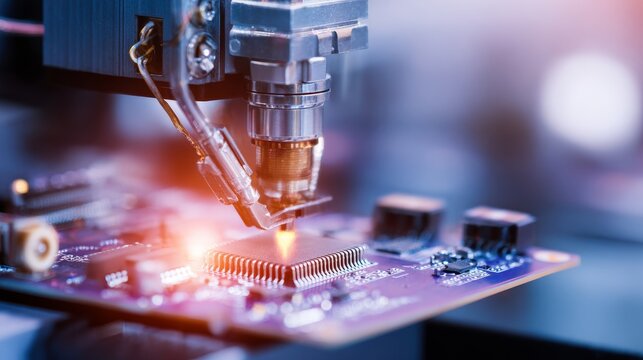 Automatic pick and place machine mounting electronic components on circuit board in high-speed modern assembly line. Bright environment of electronic manufacturing and industrial production process - Powered by Adobe