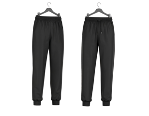 Two pairs of comfortable black athletic sweatpants are neatly displayed on hangers, ready for active wear or relaxation.
