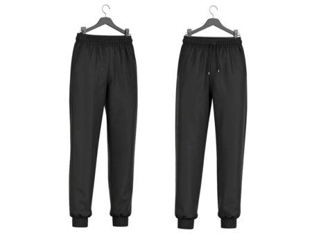 Two pairs of comfortable black athletic sweatpants are neatly displayed on hangers, ready for active wear or relaxation.