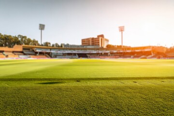 Obraz premium Professional sports stadium with lush green grass field, illuminated floodlights, modern grandstand seating and panoramic sunset sky perfect for events.