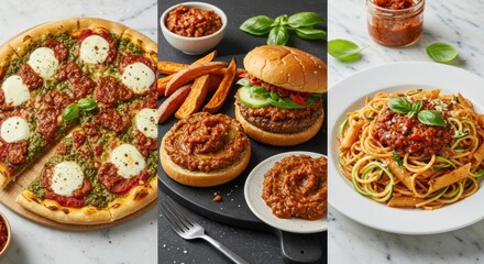 Pizza, burgers, pasta, and sweet potato fries, all topped with a rich, reddish-brown sauce