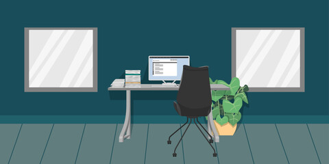 Office desk home office for work from home with table chair pc computer files on room background