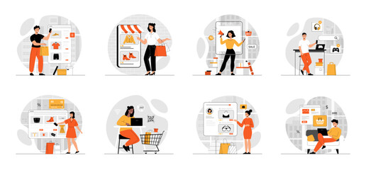Bundle of Shopping Online concepts with people scene in flat cartoon design. Collection work with men and women. People buy goods in online store through mobile application, pay with credit card.