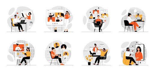 Bundle of Video Conference and Call concepts with people scene in flat cartoon design. Collection work with men and women. Business people . Vector illustration